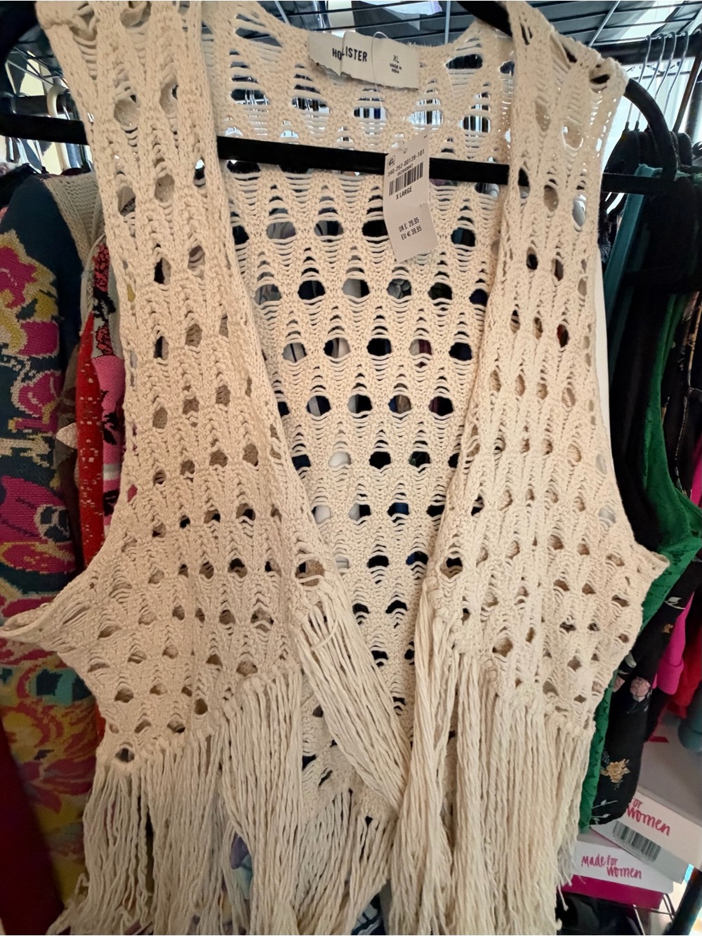 Hollister Cream Crochet Fringe Open Vest